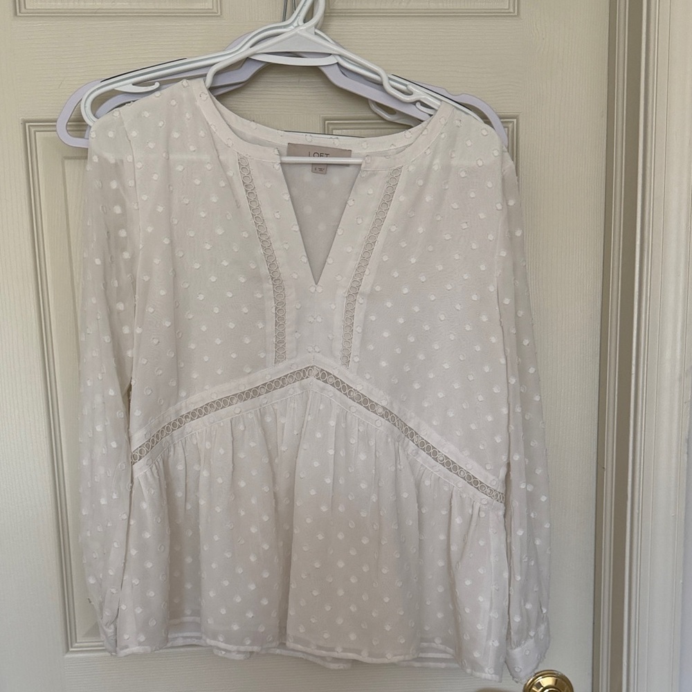 LOFT Cream Swiss Dot Lace-Trim Peasant Blouse